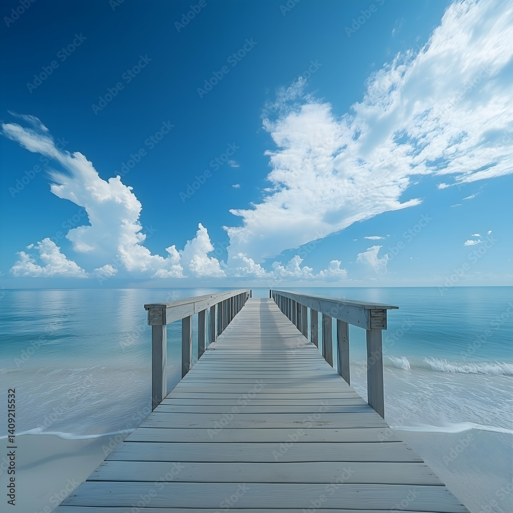 Obraz premium Serenity of the wooden pier leading to a tranquil ocean under a vast blue sky filled with clouds Generative AI
