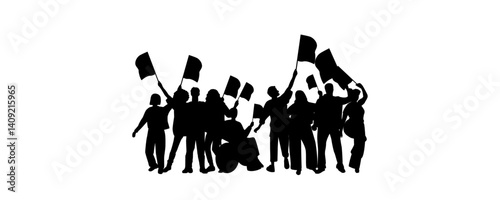 Silhouette of different people standing with flags. 