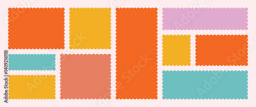 Set of frames with zigzag edge, scallop edge shape. Rectangle shape frame with zigzag edge. Colorful wavy frame. Rectangular and square scalloped frames. Elements for design of text box, badge, banner