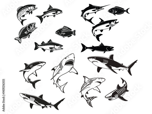 Seamless vector pattern with black bird silhouettes flying in the sky, a collection of nature-inspired animal illustrations including fish and a shark, an artful design suitable for wallpaper