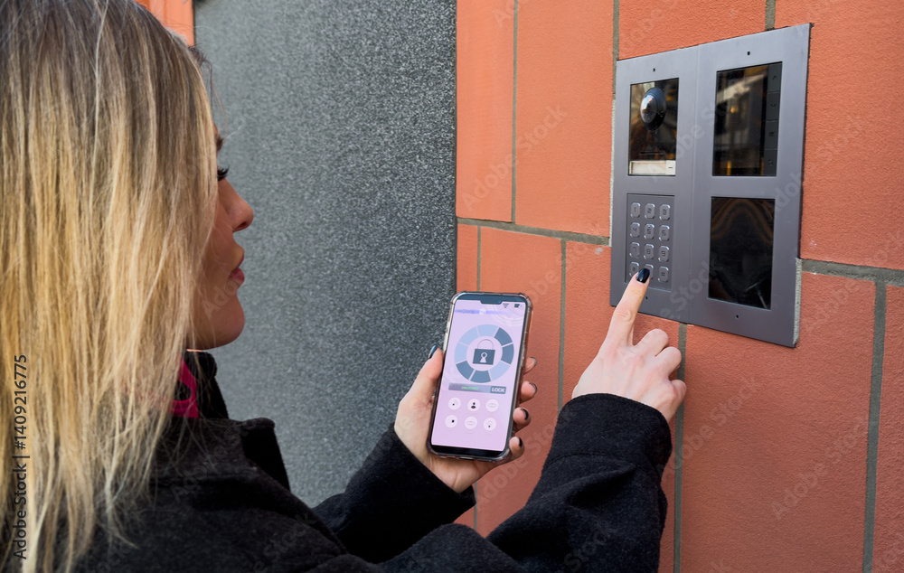 Woman locking smartlock on the entrance door using a smart phone. Concept of using smart electronic locks with keyless access.