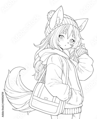 Black and white line art for coloring a cute anime girl with ears.