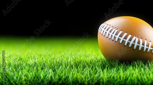 Obraz na płótnie A textured football placed on grass, highlighting the leather surface, with a clean, sharp focus on the stitching and texture. w salonie