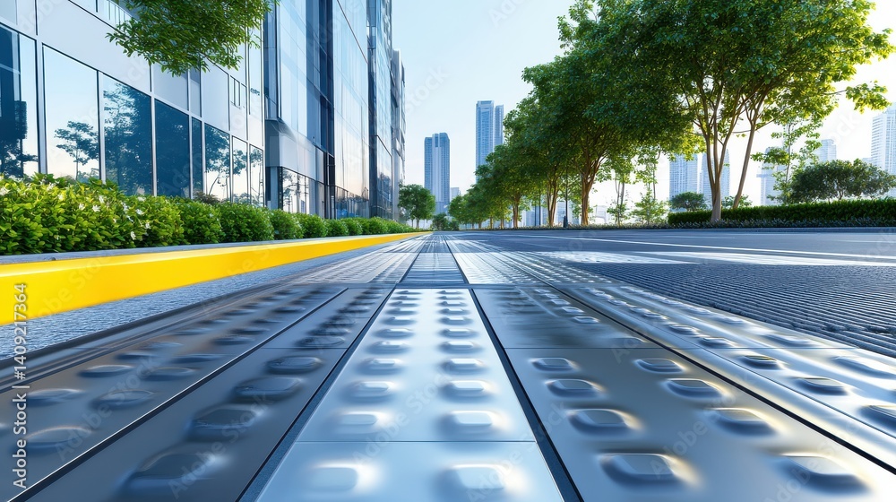 A wide-angle view of tactile paving installed along a crosswalk, highlighting its importance for accessibility and safety in urban areas.