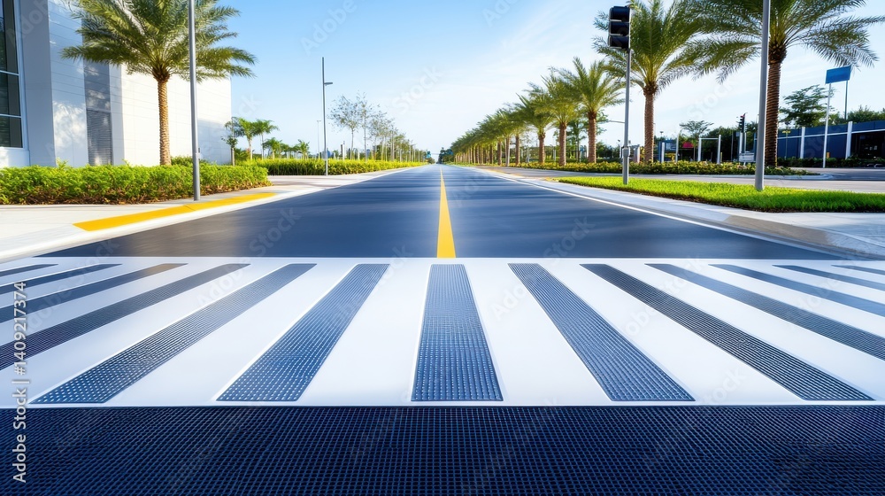 A wide-angle view of tactile paving installed along a crosswalk, highlighting its importance for accessibility and safety in urban areas.