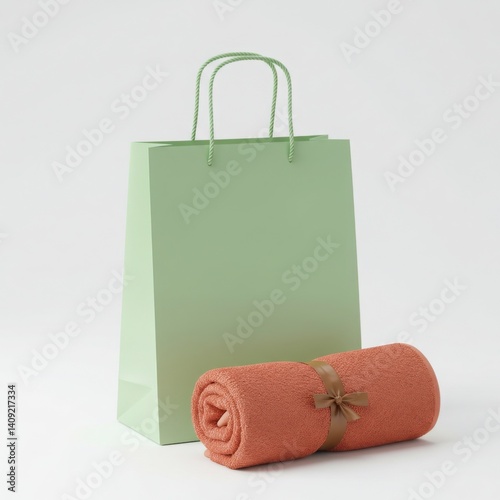 Mint green bag with coral towel in modern product scene