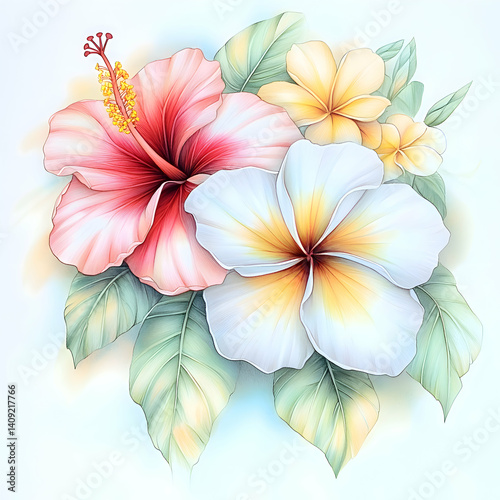Vibrant hibiscus and tropical blooms adorn a peaceful floral arrangement in pastel hues Generative AI