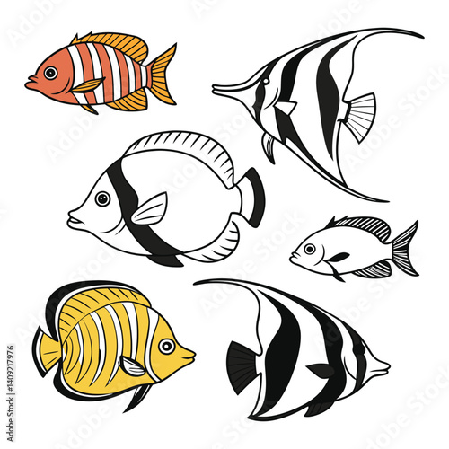 Vector illustration of a cute set of tropical fish swimming in an underwater aquarium with colorful marine life
