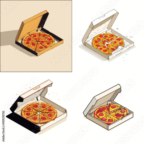 Set of pizza box illustrations with open lids revealing pepperoni pizzas inside, perfect for food delivery, Italian cuisine, restaurant branding, or fast food design themes.

