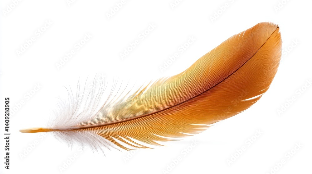 Close-up of a single contour feather with intricate textures and smooth curves, isolated on a white background.