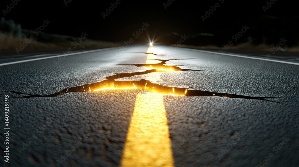 Cracked and aged road texture with faded lane markings, symbolizing time, travel, and urban decay.