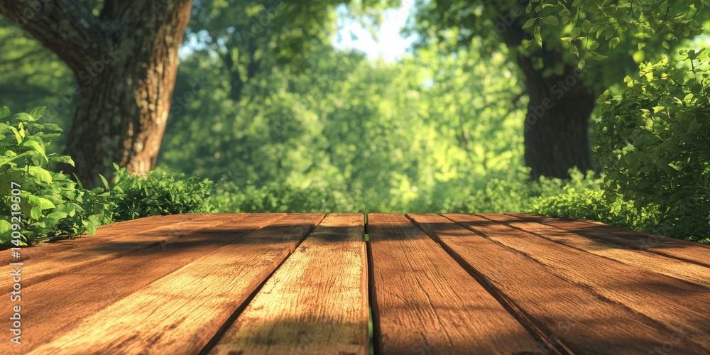 Wooden Deck to Forest: A captivating perspective of wooden deck extends into a vibrant forest, inviting a sense of exploration and connection with nature.