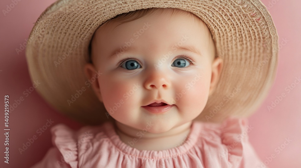 A joyful baby in a wide-brimmed hat gazes playfully against a soft pink backdrop A joyful baby in a wide-brimmed hat gazes playfully against a soft pink backdrop