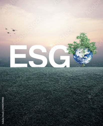 Fototapeta Naklejka Na Ścianę i Meble -  ESG white letter with earth and tree on green grass field over cityscape at sunset, vintage style, Environmental Social Corporate Governance concept, Elements of this image furnished by NASA