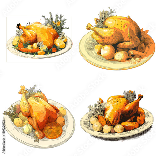 Set of roasted turkey illustrations served with vegetables and herbs on plates, ideal for holiday meals, Thanksgiving designs, festive menus, or traditional food artwork.


