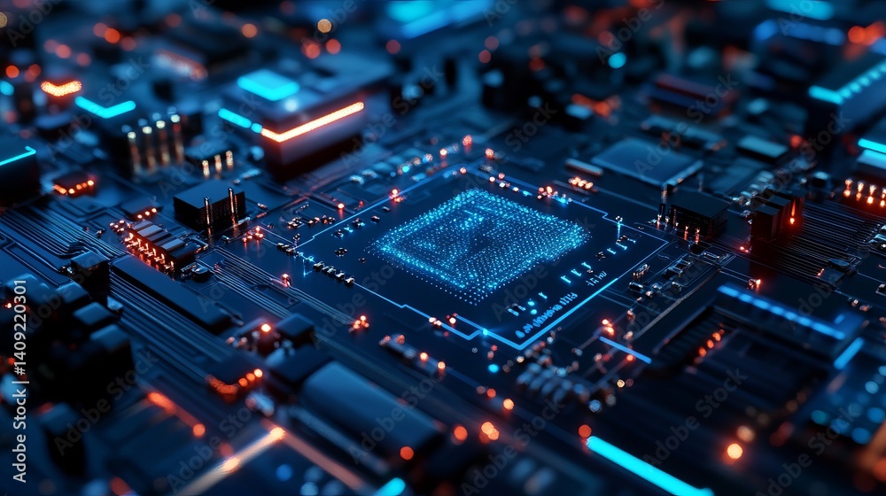 Abstract technology background digital circuit board glowing blue and orange chip data light cyber Abstract technology background digital circuit board glowing blue and orange chip data light cyber
