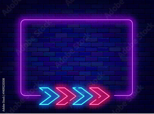 Direction neon flyer. Racing sport. Empty purple frame with colorful arrow track. Vector stock illustration