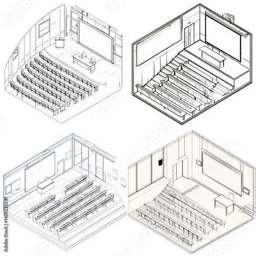 Set of isometric classroom and lecture hall illustrations with desks, boards, and seating layout, perfect for educational design, architecture plans, or school infographics.


