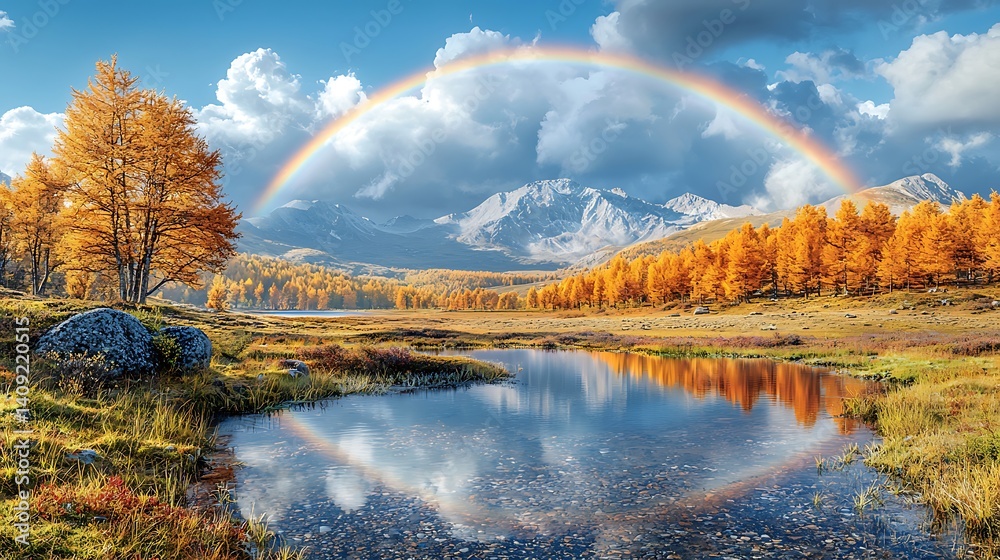 Obraz premium Scenic Autumn Mountain Landscape with Rainbow and Lake Reflection