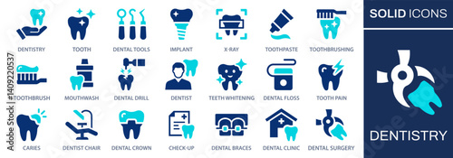 Dentistry icon set. Vector graphics collection with tooth, dentist, implant, braces, clinic and more. Two-color icons easily adapt to your design.