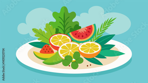 Aromatic es fresh herbs and island fruits come together in perfect harmony on each plate served at this Caribbean seafood grill.. Vector illustration