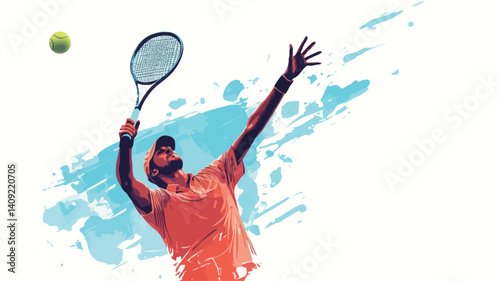 A stylized vector illustration of a tennis player in the midst of a serve. The player is depicted from the knees up, with arms raised, holding a tennis racket and about to hit a tennis ball.