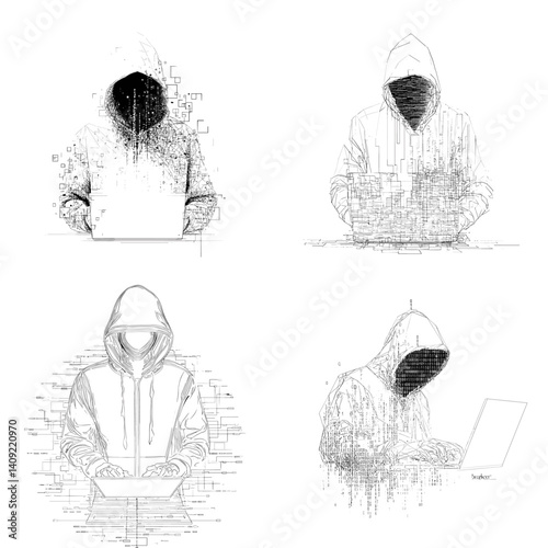Set of hooded hacker illustrations with abstract digital effects, representing cybercrime, anonymity, data breach, or cybersecurity threats in modern tech environments.

