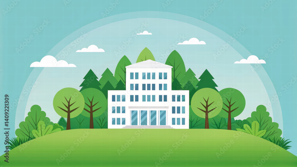 modern building surrounded by lush greenery and trees, set against serene blue sky, evokes sense of tranquility and harmony modern building surrounded by lush greenery and trees, set against serene blue sky, evokes sense of tranquility and harmony