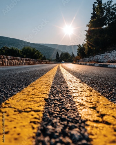 Asphalt highway road with yellow dividing lines leading to distant mountains under bright sunlight