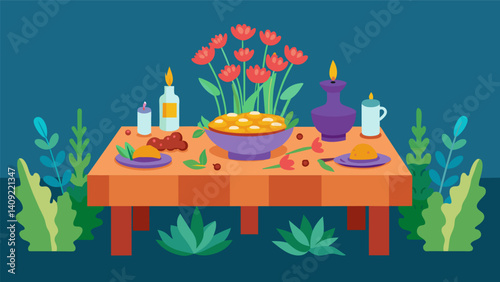 An exquisitely set table adorned with fragrant herbs and bright flowers ready to be filled with the treasures of the earth oven.. Vector illustration