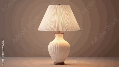 The image shows a table lamp with a white ceramic base featuring vertical ribbed detailing. The base has a slightly bulbous shape, tapering towards a small wooden base.