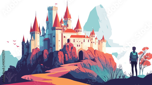 A digital illustration depicting a large, intricately detailed fairytale castle situated on a hilltop. The castle is rendered in vibrant, stylized colors with a blend of blues