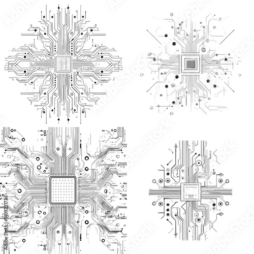 Set of futuristic microchip circuit board illustrations in grayscale, representing high-tech processor, digital network, and electronic system concept.

