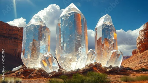Giant Crystal Formations in a Desert Landscape: A Surreal Scene