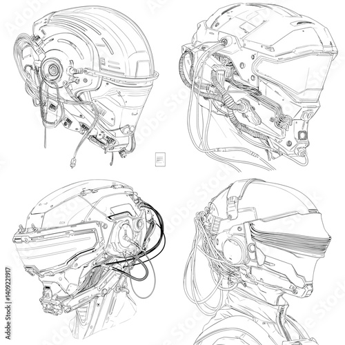 Set of four detailed cyberpunk helmet sketches in technical line art style, showcasing futuristic sci-fi headgear—ideal for concept art, game design, and tech-themed visual storytelling.

