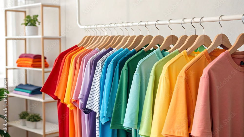 Fototapeta premium Vibrant T-Shirt Display on Clothing Rack in Boutique Setting