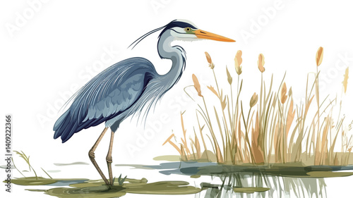 A digital illustration depicting a great blue heron standing in shallow water amongst reeds. The heron is rendered in shades of blue-gray, with detailed feather texture.
