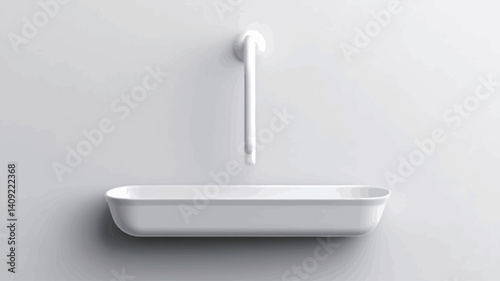 The image shows a digitally rendered, wall-mounted rectangular sink and faucet against a plain white background. Both the sink and faucet are pure white, exhibiting a smooth