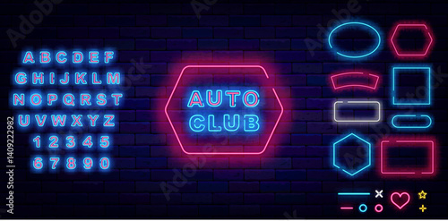 Auto club neon emblem. Shiny blue alphabet. Geometric frames set. Motor car repair service. Vector stock illustration
