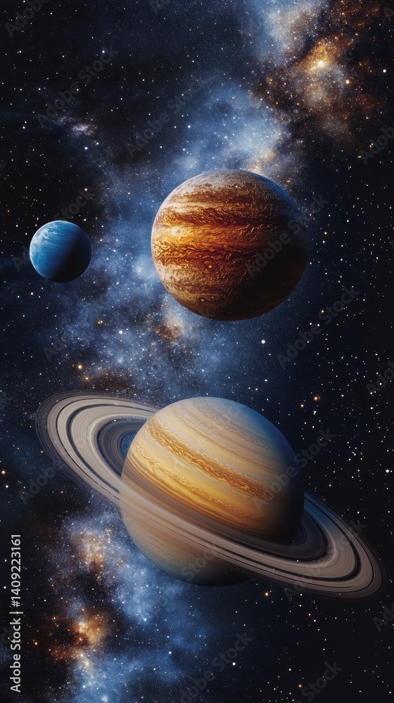 Naklejka premium Majestic planetary alignment in deep space with vibrant nebulae and cosmic dust creating a celestial spectacle