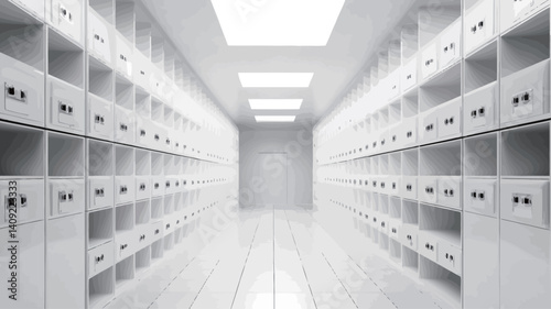 The image shows a long, narrow room with rows of white lockers or storage units on both sides. The floor and walls are also white, creating a clean, minimalist aesthetic