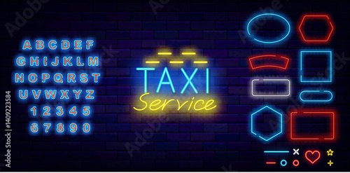 Taxi service neon label. Public auto transportation. Shiny blue alphabet. Geometric frames set. Vector illustration