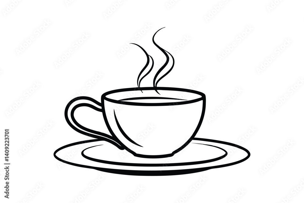 Line art illustration of a steaming cup of coffee on a sauce.eps Line art illustration of a steaming cup of coffee on a sauce.eps