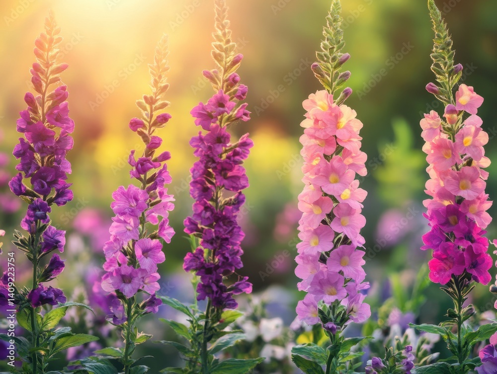 Obraz premium Serene floral display of vibrant snapdragon flowers in a garden setting bathed in soft sunlight and a dreamy bokeh background creating a tranquil and inviting atmosphere