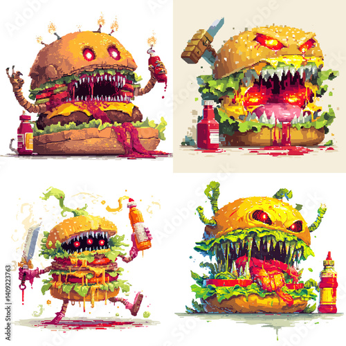 Set of four terrifying monster burger characters in pixel art style, with sharp teeth, glowing eyes, and dripping condiments—perfect for horror-comedy art, games, and unique food designs.


