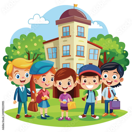 Happy children outside a school building
