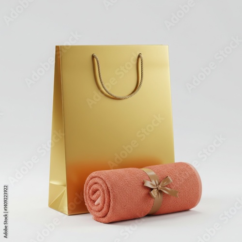 Shiny yellow bag and coral towel bundle presentation