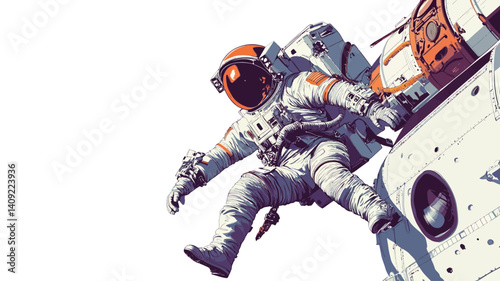 A stylized vector illustration of an astronaut in a white spacesuit floating in space against a white background. The illustration uses a limited color palette of white