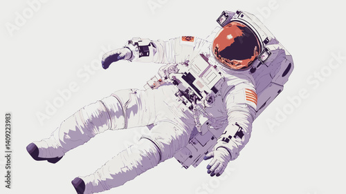 A stylized vector illustration of an astronaut in a white spacesuit floating in space against a white background. The illustration uses a limited color palette of white