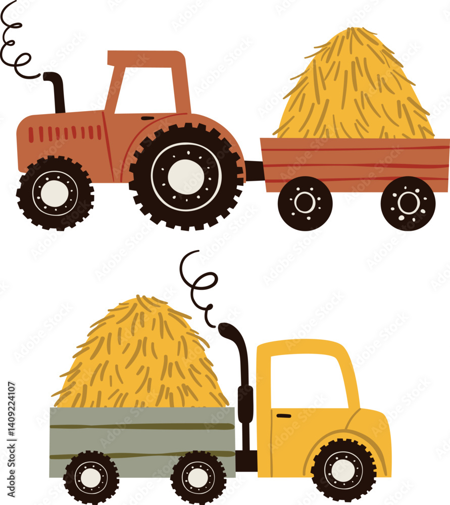 custom made wallpaper toronto digitalVector illustration in flat children's style featuring a farm tractor with a hay trailer and a truck on a white isolated background. Perfect for kids' prints, books, games, and educational materials.